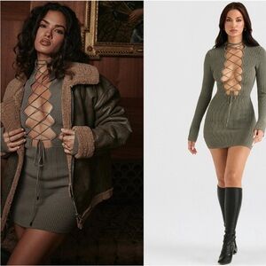 House of CB ‘Jada’ Artichoke Green Plunge Lace‎ Up Long Sleeve Mini dress NWOT S